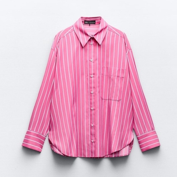 Zara Tops - Zara Pink White Oversized Stripe Button Down Long Sleeve Top